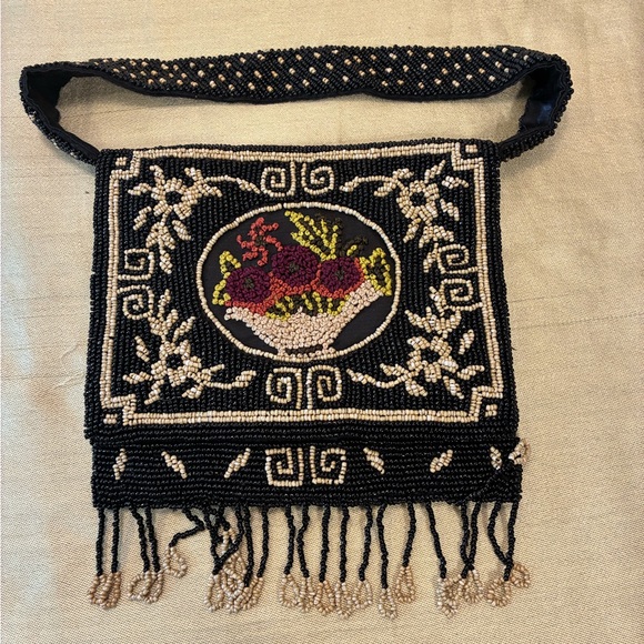 Vintage Black and Cream Beaded Bag with beaded fringe detail by Christiana - Picture 1 of 3